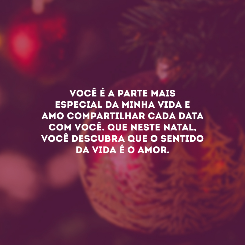 Você é a parte mais especial da minha vida e amo compartilhar cada data com você. Que neste Natal, você descubra que o sentido da vida é o amor.