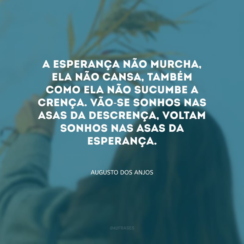 A esperança não murcha, ela não cansa, também como ela não sucumbe a crença. Vão-se sonhos nas asas da descrença, voltam sonhos nas asas da esperança.