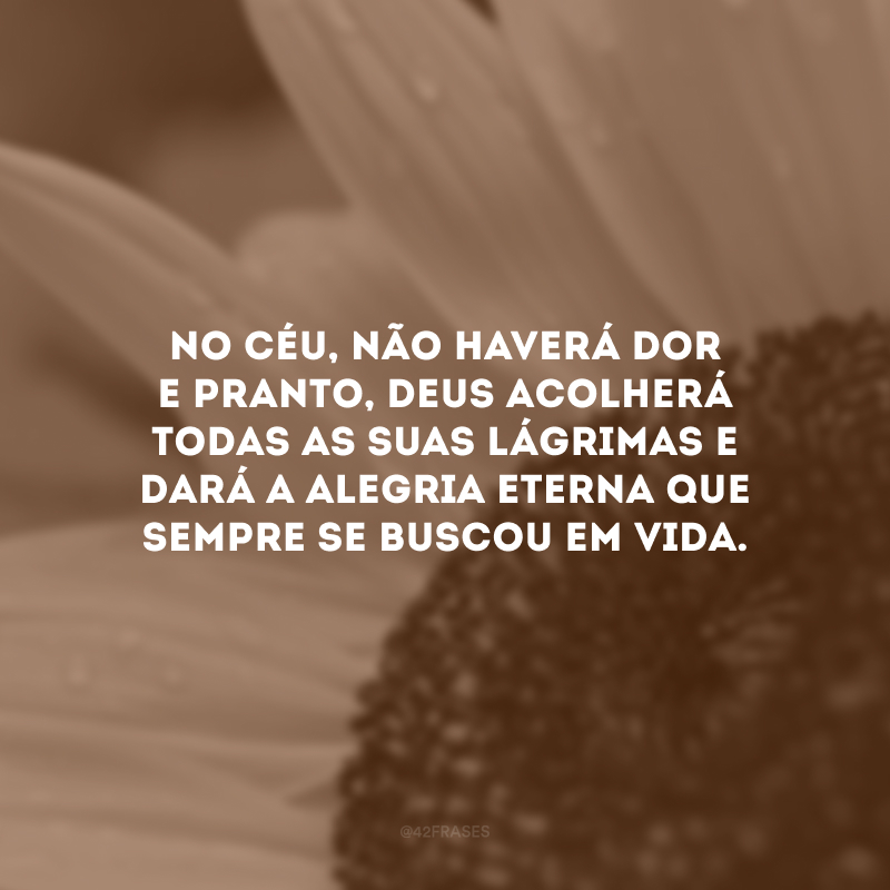 No céu, não haverá dor e pranto, Deus acolherá todas as suas lágrimas e dará a alegria eterna que sempre se buscou em vida. 