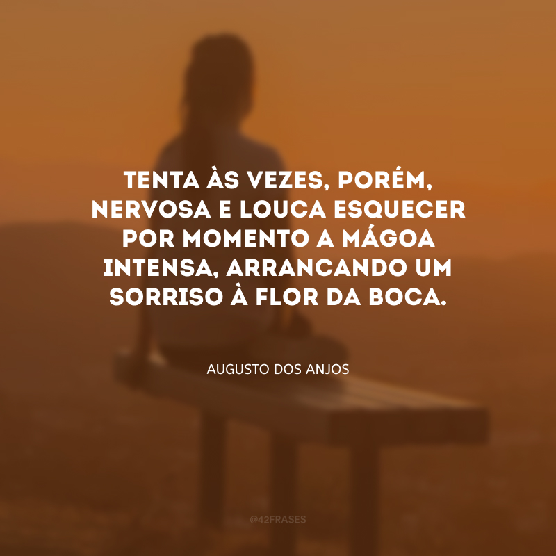 Tenta às vezes, porém, nervosa e louca esquecer por momento a mágoa intensa, arrancando um sorriso à flor da boca.