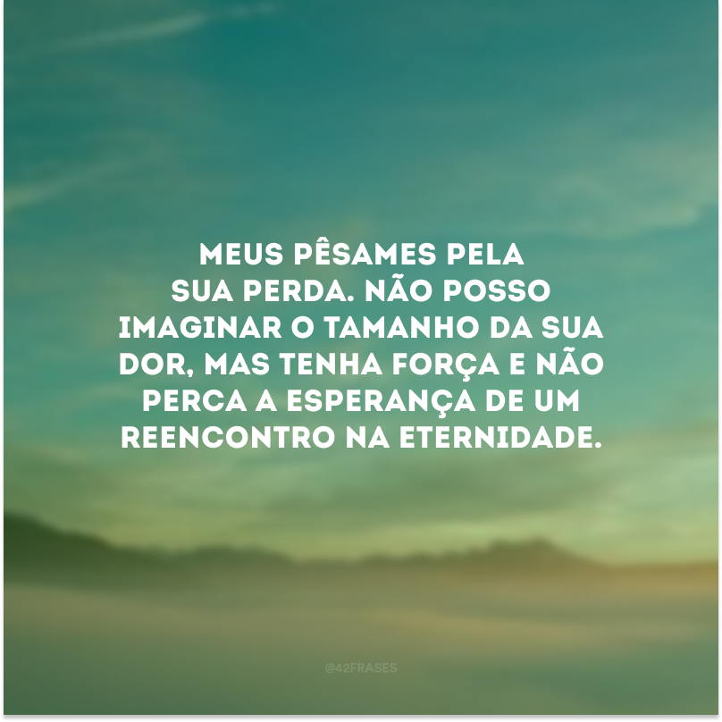 Meus pêsames pela sua perda. Não posso imaginar o tamanho da sua dor, mas tenha força e não perca a esperança de um reencontro na eternidade. 