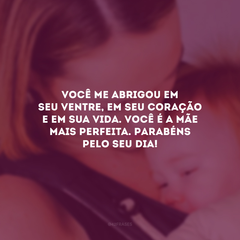 Você me abrigou em seu ventre, em seu coração e em sua vida. Você é a mãe mais perfeita. Parabéns pelo seu dia!