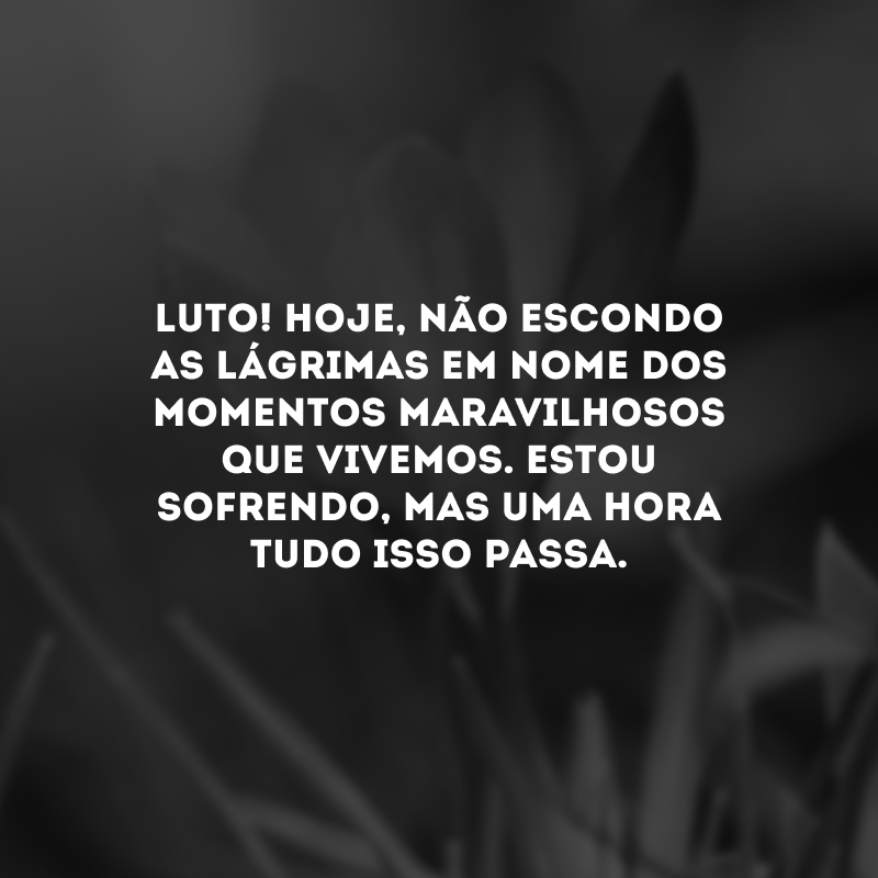 Luto! Hoje, não escondo as lágrimas em nome dos momentos maravilhosos que vivemos. Estou sofrendo, mas uma hora tudo isso passa.