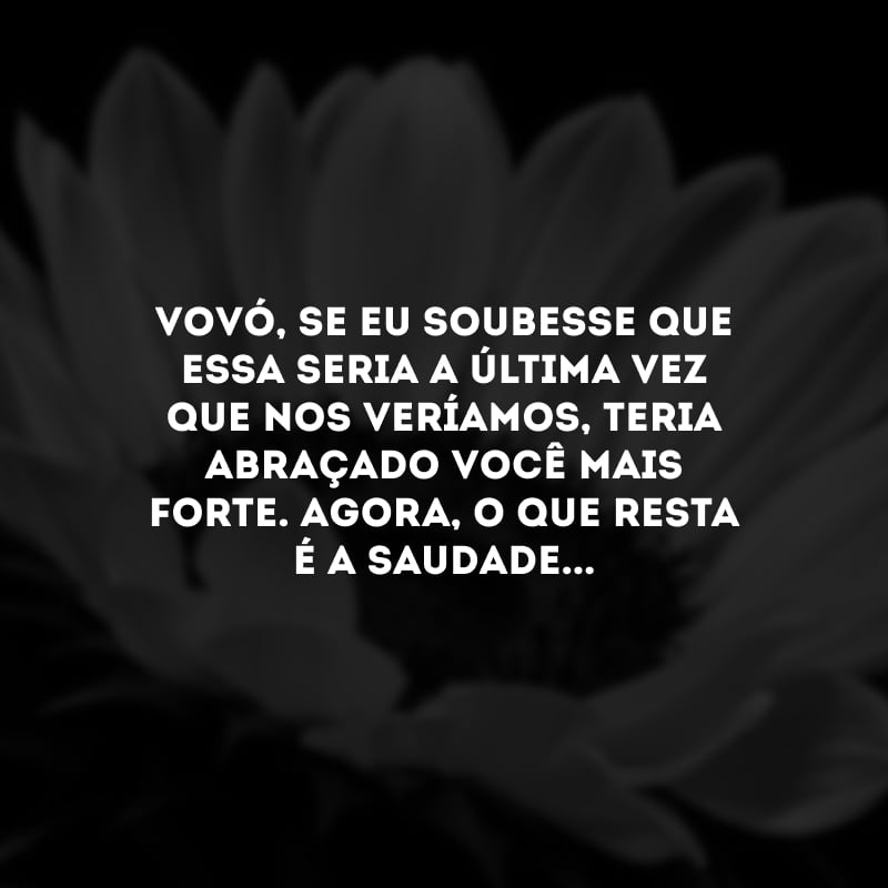 Vovó, se eu soubesse que essa seria a última vez que nos veríamos, teria abraçado você mais forte. Agora, o que resta é a saudade...