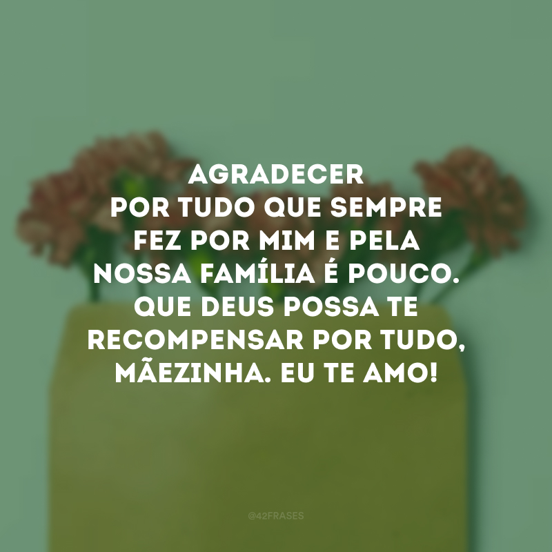 Agradecer por tudo que sempre fez por mim e pela nossa família é pouco. Que Deus possa te recompensar por tudo, mãezinha. Eu te amo!