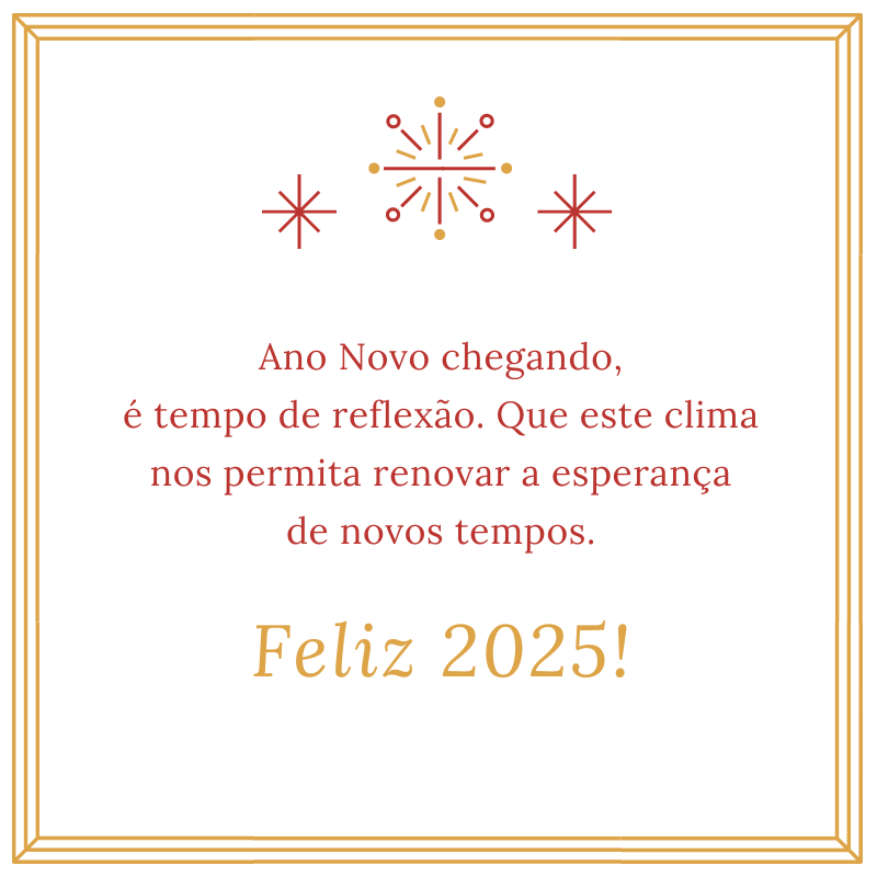 Ano Novo chegando, é tempo de reflexão. Que este clima nos permita renovar a esperança de novos tempos. Feliz 2025!