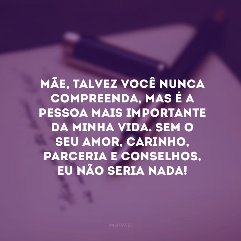 Mãe, talvez você nunca compreenda, mas é a pessoa mais importante da minha vida. Sem o seu amor, carinho, parceria e conselhos, eu não seria nada! 