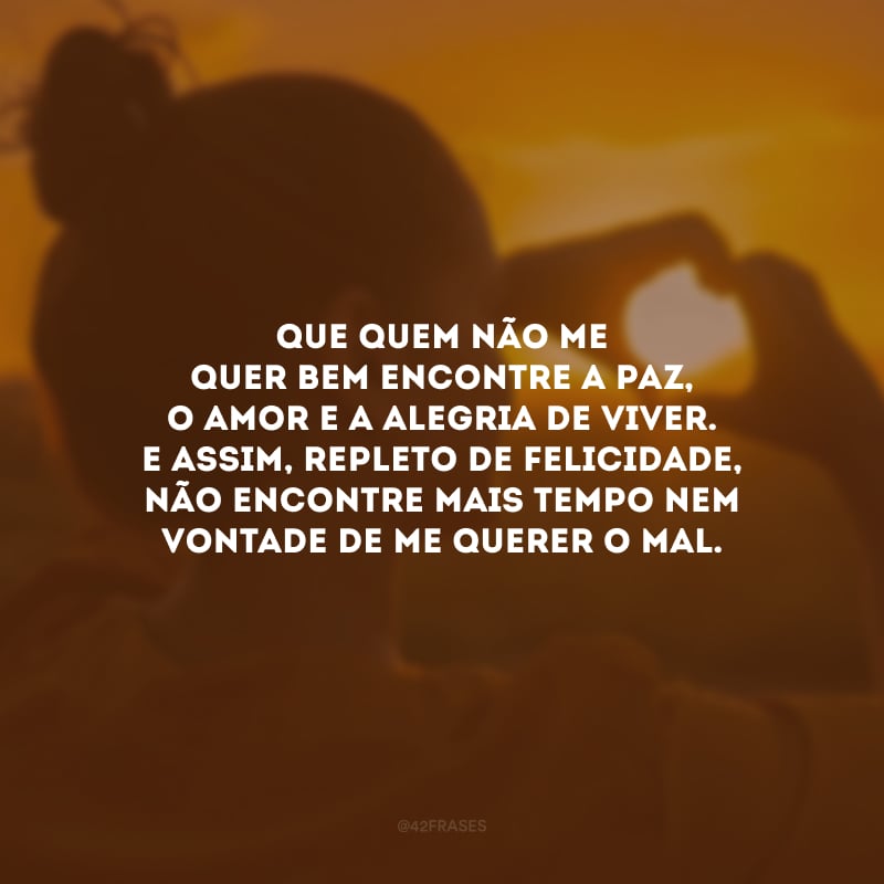 Que quem não me quer bem encontre a paz, o amor e a alegria de viver. E assim, repleto de felicidade, não encontre mais tempo nem vontade de me querer o mal.