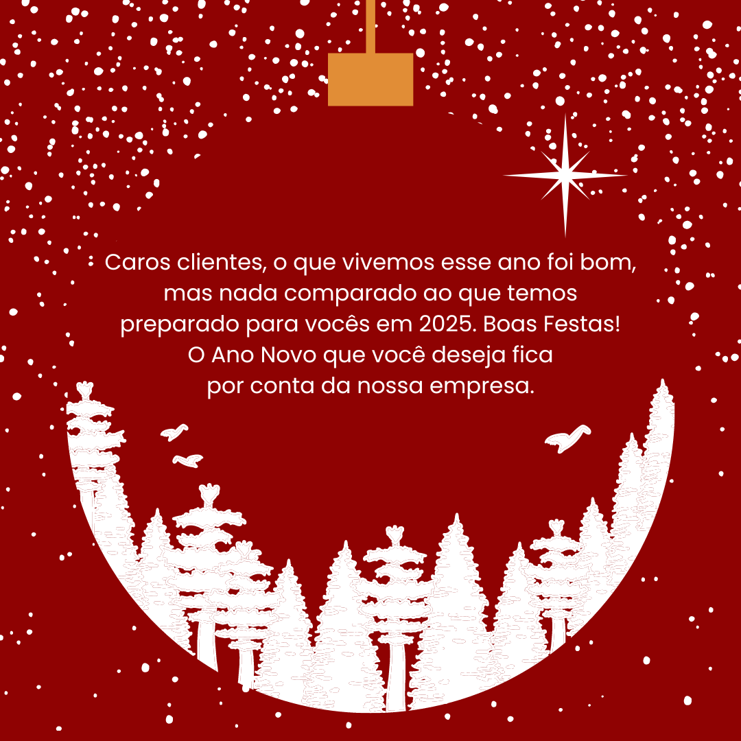 Caros clientes, o que vivemos esse ano foi bom, mas nada comparado ao que temos preparado para vocês em 2025. Boas Festas! O Ano Novo que você deseja fica por conta da nossa empresa.