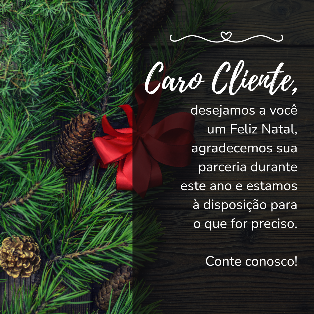 Caro cliente, desejamos a você um Feliz Natal, agradecemos sua parceria durante este ano e estamos à disposição para o que for preciso. Conte conosco!