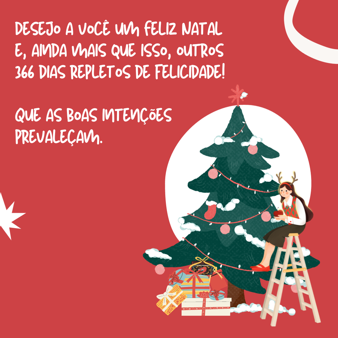 Desejo a você um Feliz Natal e, ainda mais que isso, outros 366 dias repletos de felicidade! Que as boas intenções prevaleçam.