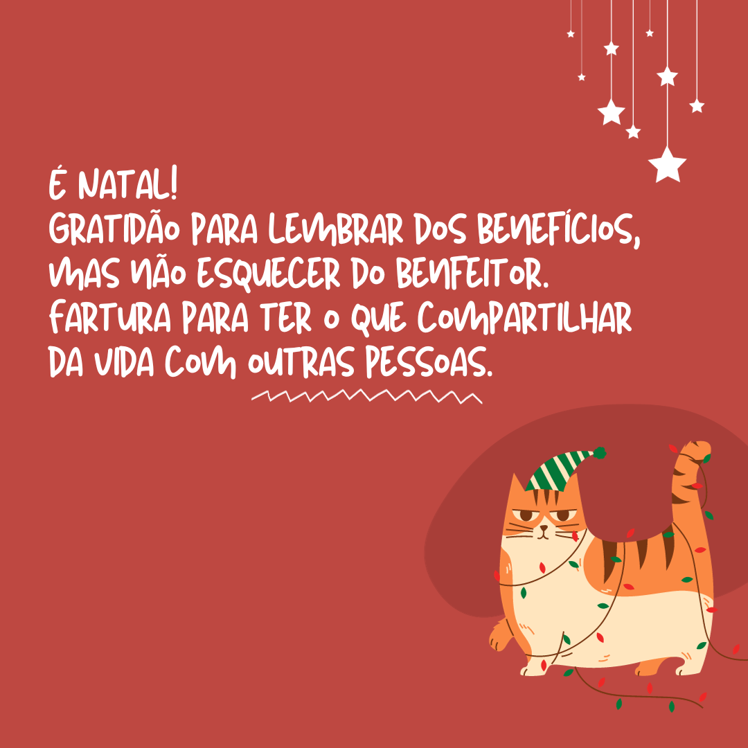 É Natal! Gratidão para lembrar dos benefícios, mas não esquecer do benfeitor. Fartura para ter o que compartilhar da vida com outras pessoas.