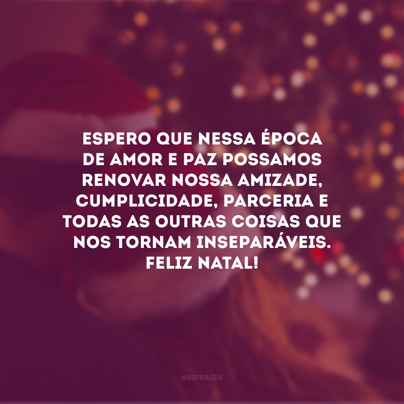 Espero que nessa época de paz e amor possamos renovar nossa amizade, cumplicidade, parceria e todas as outras coisas que nos tornam inseparáveis. Feliz Natal!