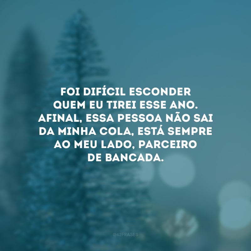 Foi difícil esconder quem eu tirei esse ano. Afinal, essa pessoa não sai da minha cola, está sempre ao meu lado, parceiro de bancada.