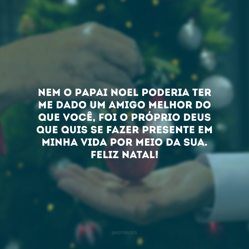 Só tenho motivos para agradecer nesse fim de ano. Nem o Papai Noel poderia ter me dado um amigo melhor do que você, foi o próprio Deus que quis se fazer presente em minha vida. Feliz Natal!