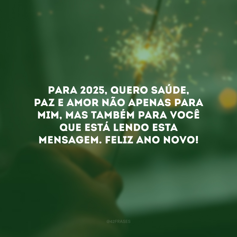 Para 2025, quero saúde, paz e amor não apenas para mim, mas também para você que está lendo esta mensagem. Feliz Ano Novo!