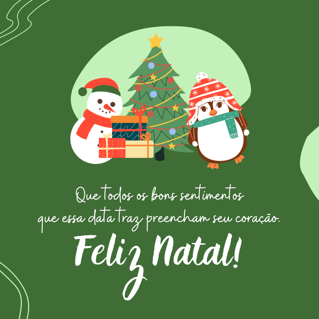 Que todos os bons sentimentos que essa data traz preencham seu coração, trazendo mais alegria para cada dia do Ano Novo e que você possa dividir tudo isso com pessoas especiais que fazem parte da sua vida. Feliz Natal!