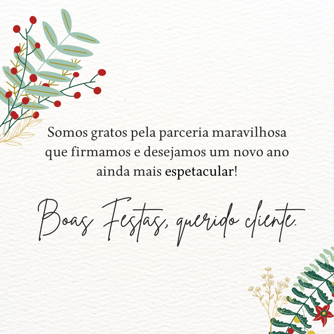 Somos gratos pela parceria maravilhosa que firmamos e desejamos um novo ano ainda mais espetacular! Boas Festas, querido cliente.