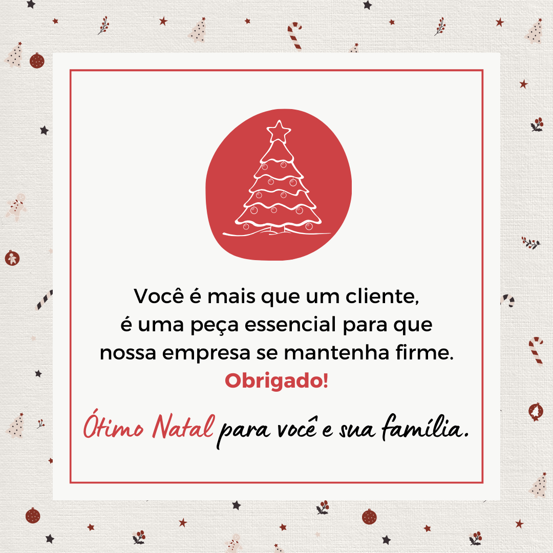 Você é mais que um cliente, é uma peça essencial para que nossa empresa se mantenha firme. Obrigado! Ótimo Natal para você e sua família.