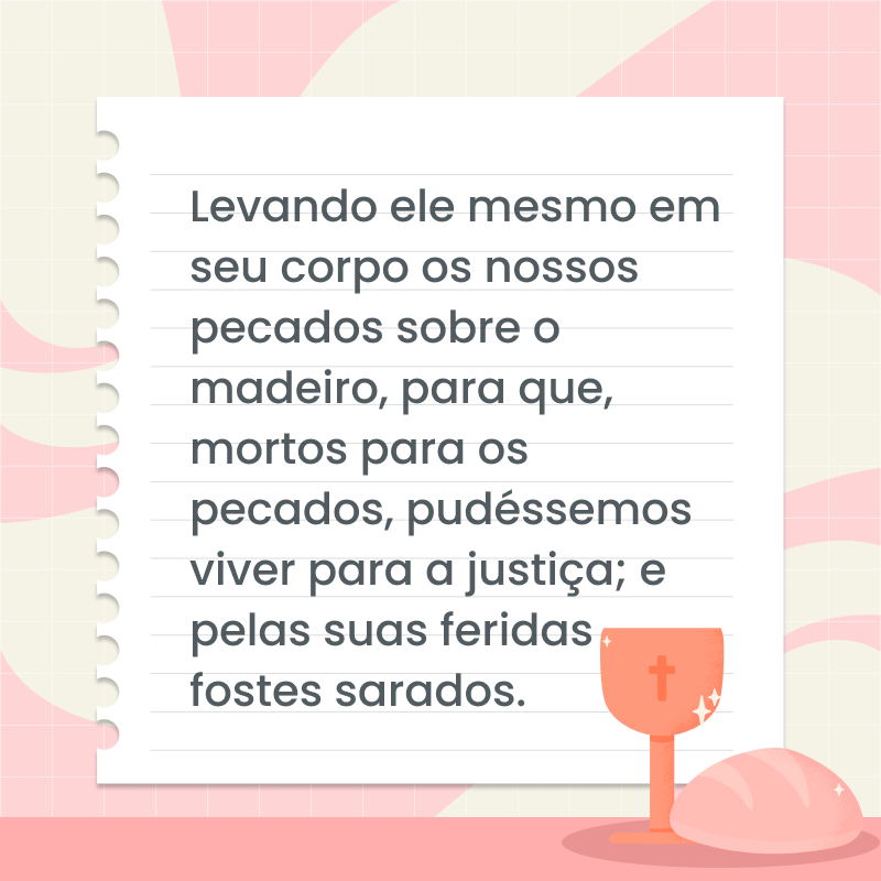 Levando ele mesmo em seu corpo os nossos pecados sobre o madeiro, para que, mortos para os pecados, pudéssemos viver para a justiça; e pelas suas feridas fostes sarados. 