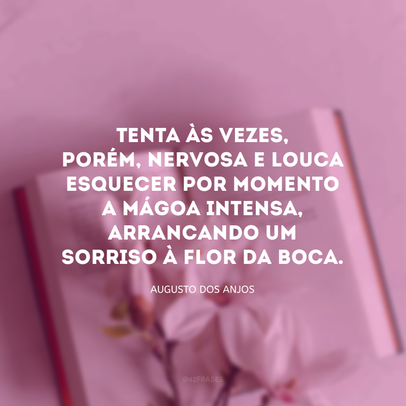 Tenta às vezes, porém, nervosa e louca esquecer por momento a mágoa intensa, arrancando um sorriso à flor da boca. 