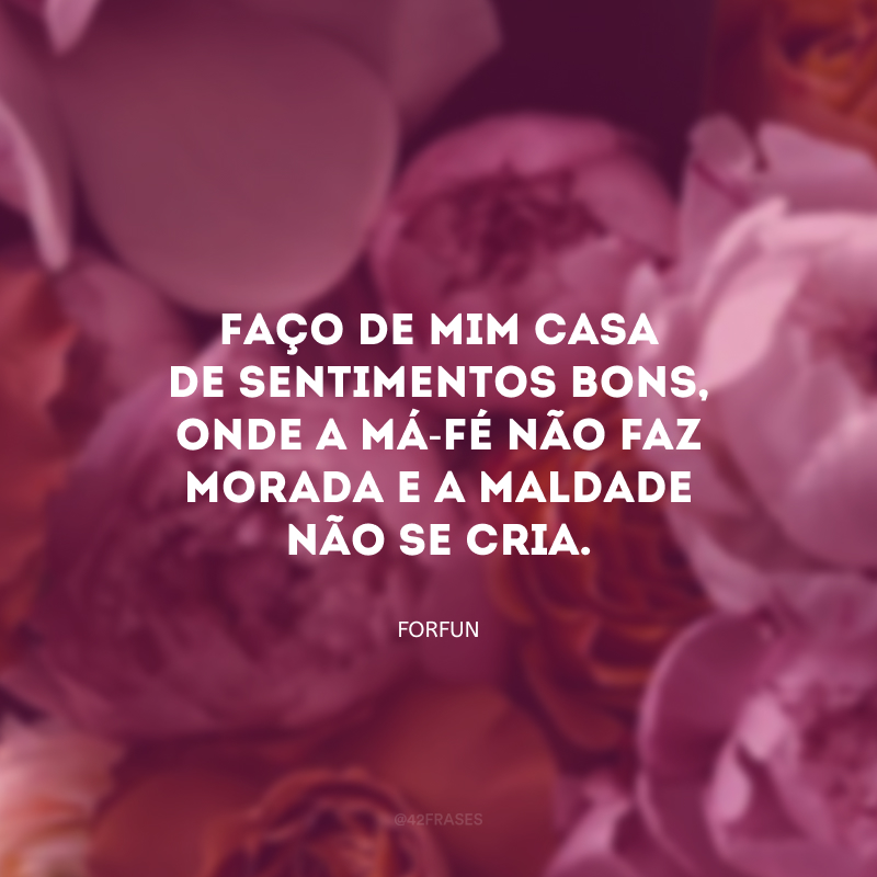 Faço de mim casa de sentimentos bons, onde a má-fé não faz morada e a maldade não se cria. 