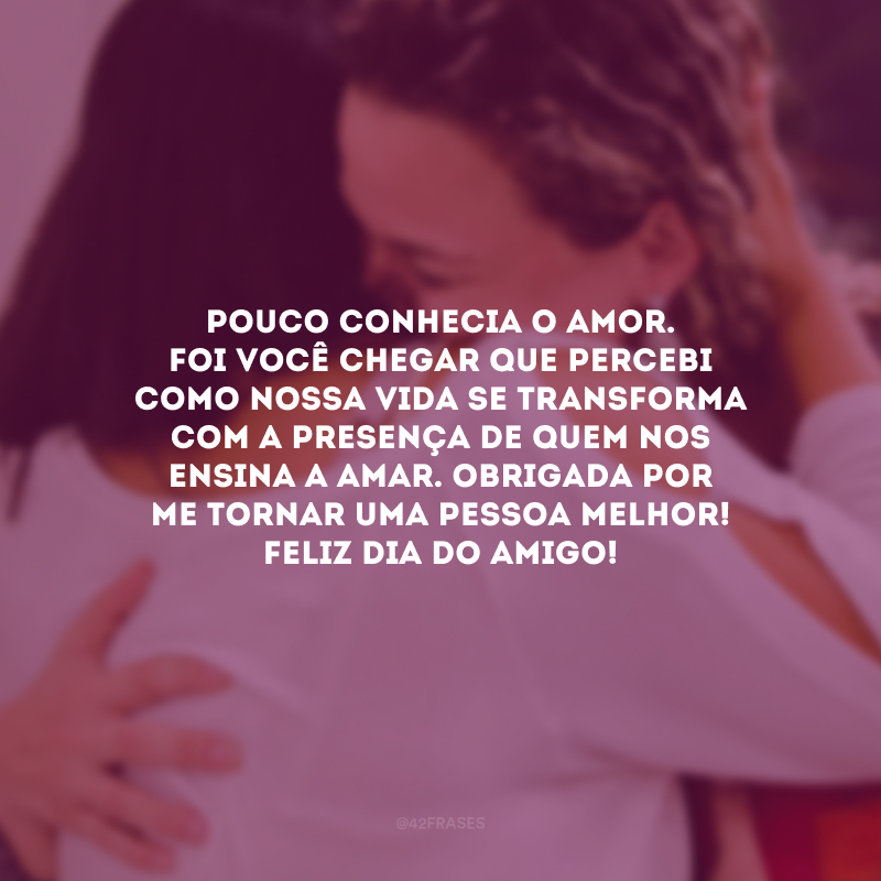 Pouco conhecia o amor. Foi você chegar que percebi como nossa vida se transforma com a presença de quem nos ensina a amar. Obrigada por me tornar uma pessoa melhor! Feliz Dia do Amigo!