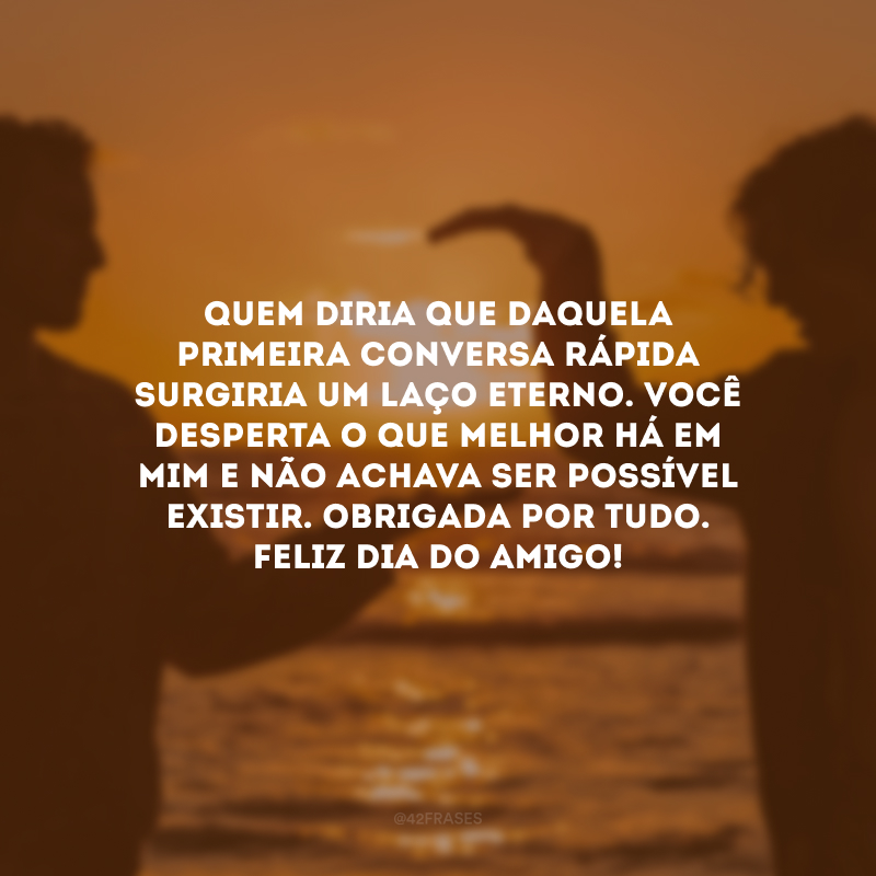 Quem diria que daquela primeira conversa rápida surgiria um laço eterno. Você desperta o que melhor há em mim e não achava ser possível existir. Obrigada por tudo. Feliz Dia do Amigo!