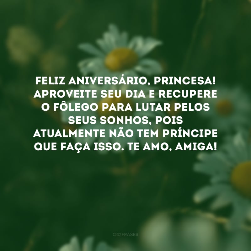 Feliz aniversário, princesa! Aproveite seu dia e recupere o fôlego para lutar pelos seus sonhos, pois atualmente não tem príncipe que faça isso. Te amo, amiga!