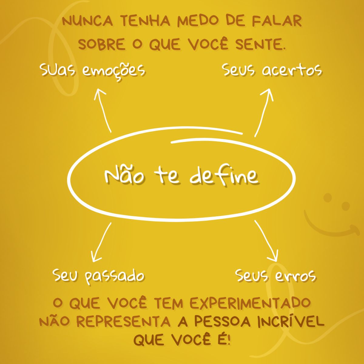 Suas emoções, seus acertos, seu passado, seus erros não te definem. Nunca tenha medo de falar sobre o que você sente. O que você tem experimentado não representa a pessoa incrível que você é!