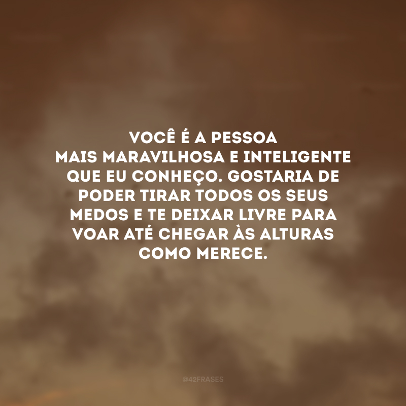 Você é a pessoa mais maravilhosa e inteligente que eu conheço. Gostaria de poder tirar todos os seus medos e te deixar livre para voar até chegar às alturas como merece.