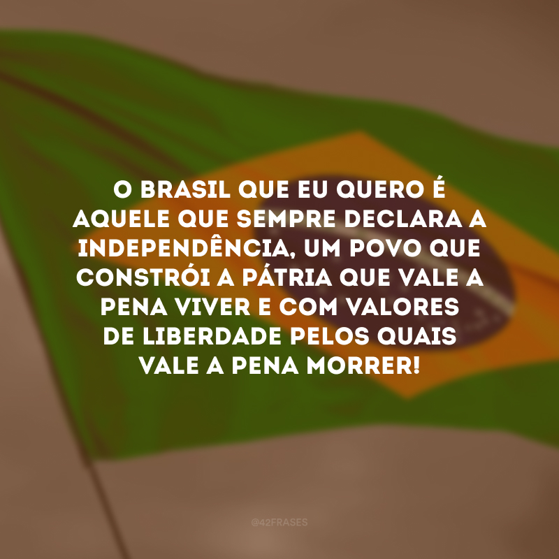 O Brasil que eu quero é aquele que sempre declara a Independência, um povo que constrói a pátria que vale a pena viver e com valores de liberdade pelos quais vale a pena morrer! 